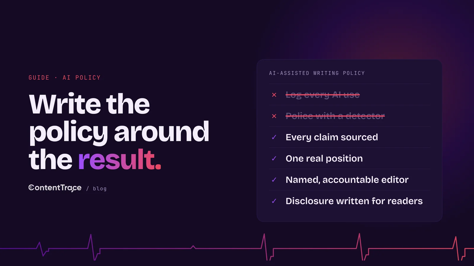 A dark policy checklist where process rules such as logging tool use are struck out in coral and output standards such as sourced claims and a named editor are checked in violet.