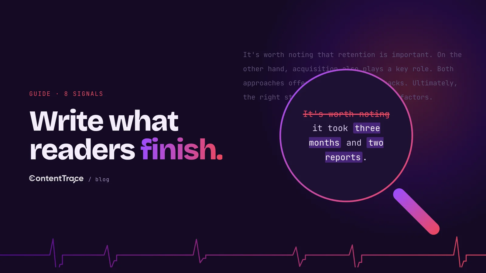 A gradient lens over dim AI-style text cuts a reflexive hedge and highlights a remembered detail, showing the signals that keep a reader reading.