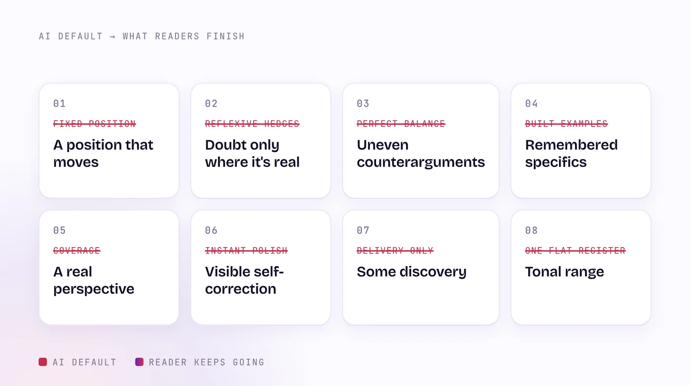 Eight cards pair each AI default with the signal readers finish: fixed position to a position that moves, reflexive hedges to real doubt, built examples to remembered ones, and five more.