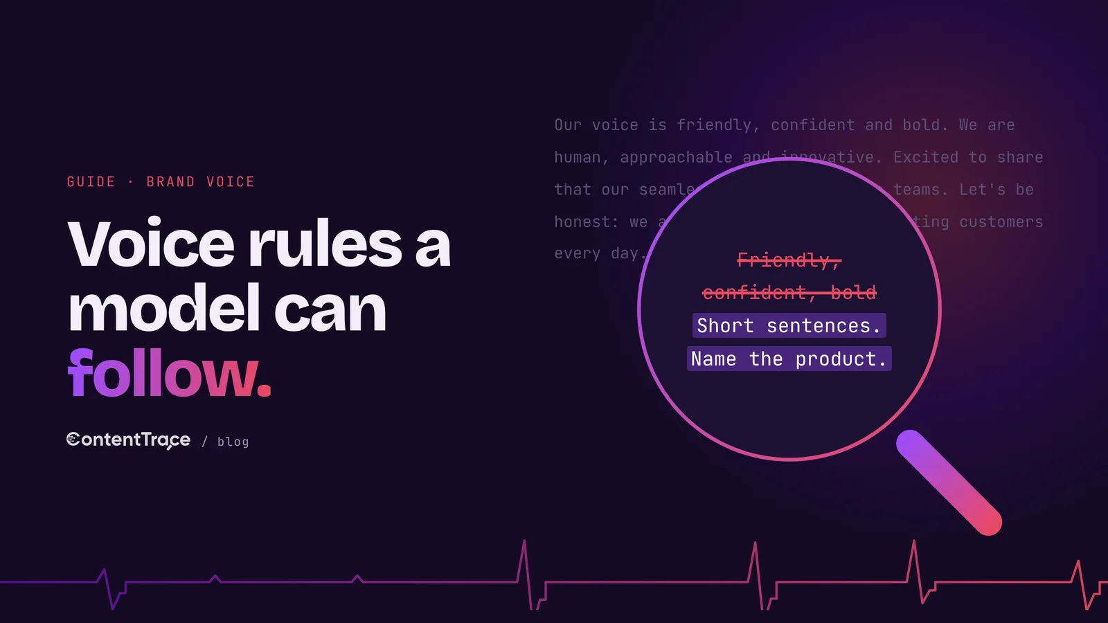 Voice adjectives such as friendly and confident struck out under a lens and replaced with concrete rules a model can follow, such as short sentences and naming the product.