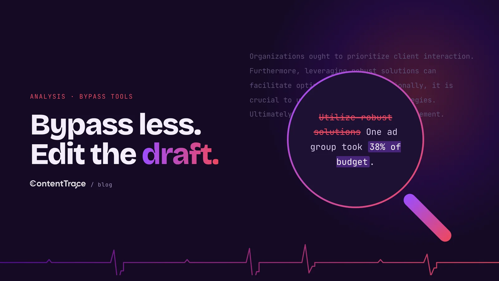 A gradient lens over dim AI-style text strikes out a synonym-swap trick and highlights a real example, showing that real detail beats disguise.