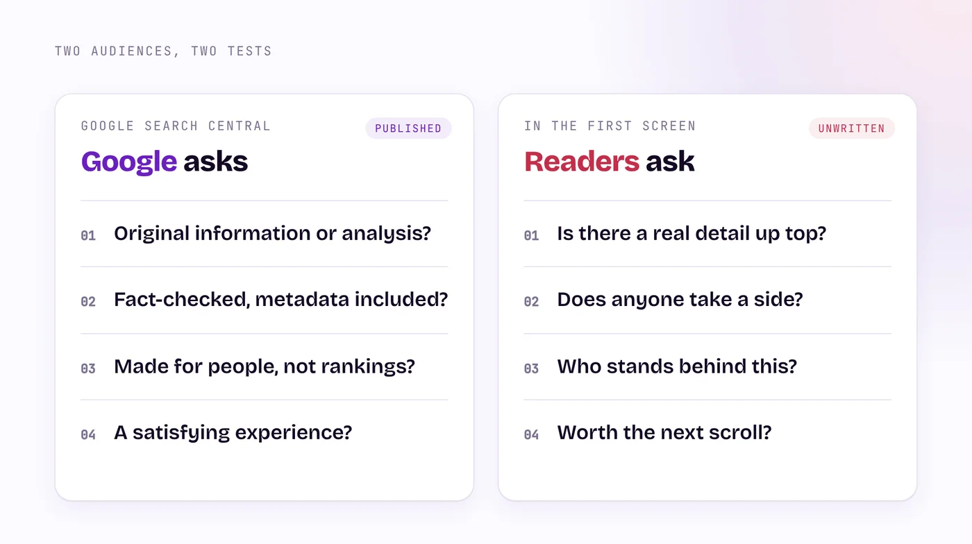 Two columns compare what Google asks of a page, such as original information and a satisfying experience, with the faster checks a reader makes, such as whether a real detail appears in the first screen.