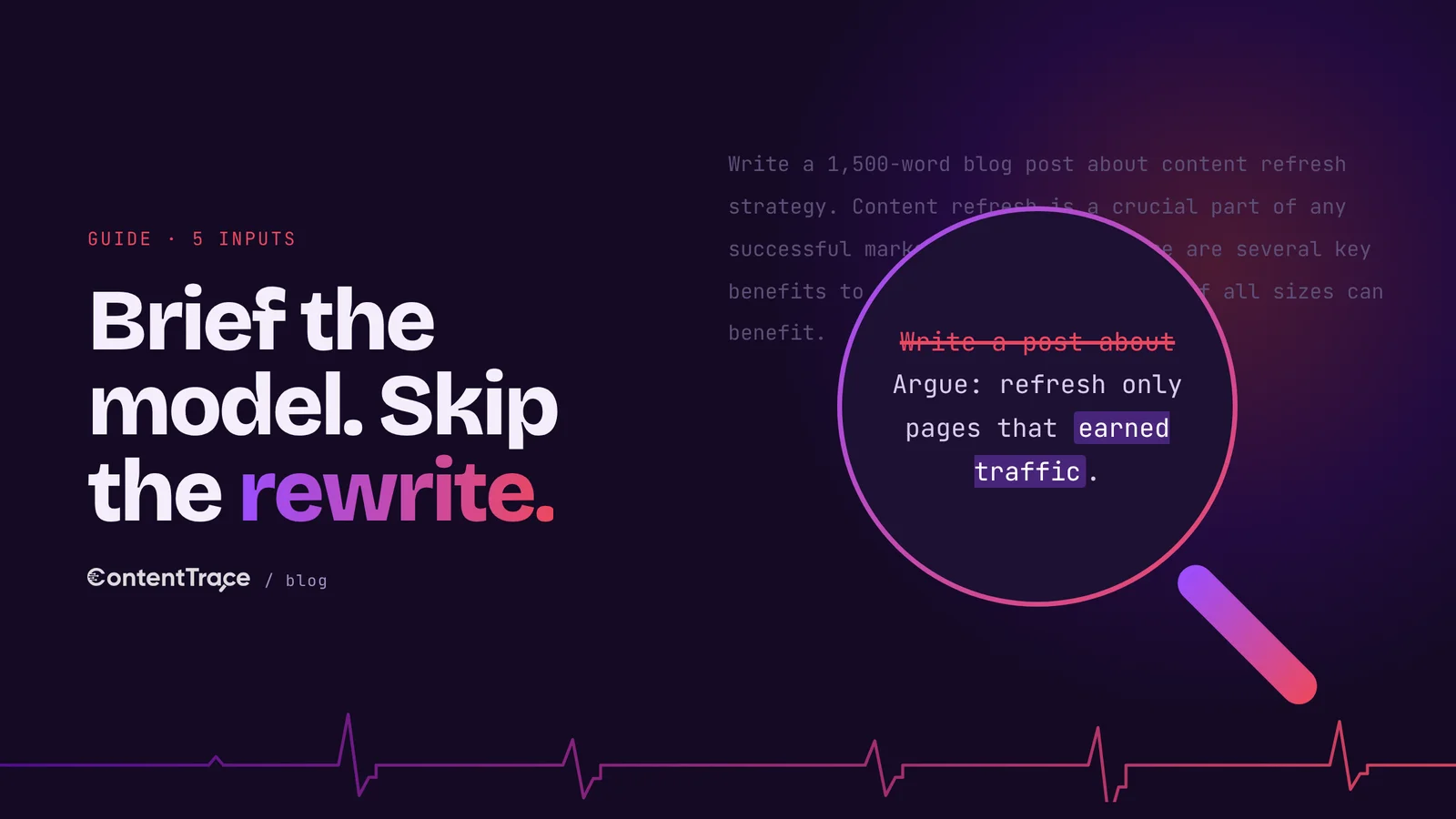 A one-line prompt struck through and replaced by a five-part brief with a reader, a position and real examples, showing that inputs decide how much editing is left.