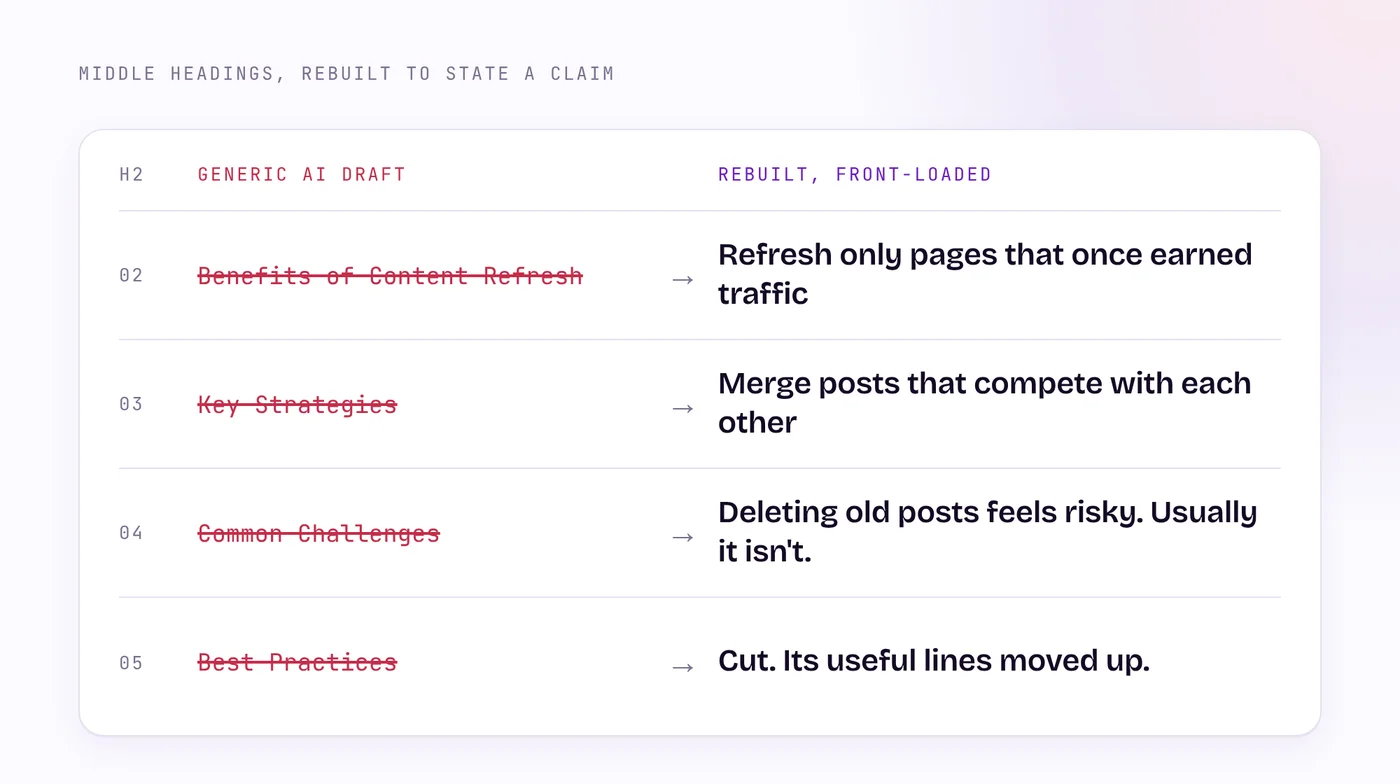 Generic AI draft headings such as Benefits of Content Refresh shown beside rebuilt headings that state a claim up front, such as Refresh only pages that once earned traffic.