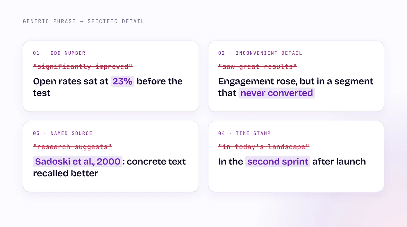 Four cards compare a generic AI-style phrase with its specific version: an exact number, an inconvenient detail, a named source and a time stamp.